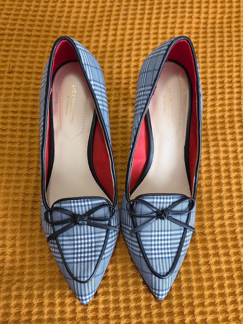 Liz Claiborne Grey Plaid Pointed Bow Pump Y2K Academia Preppy Heels GUC 6.5 READ